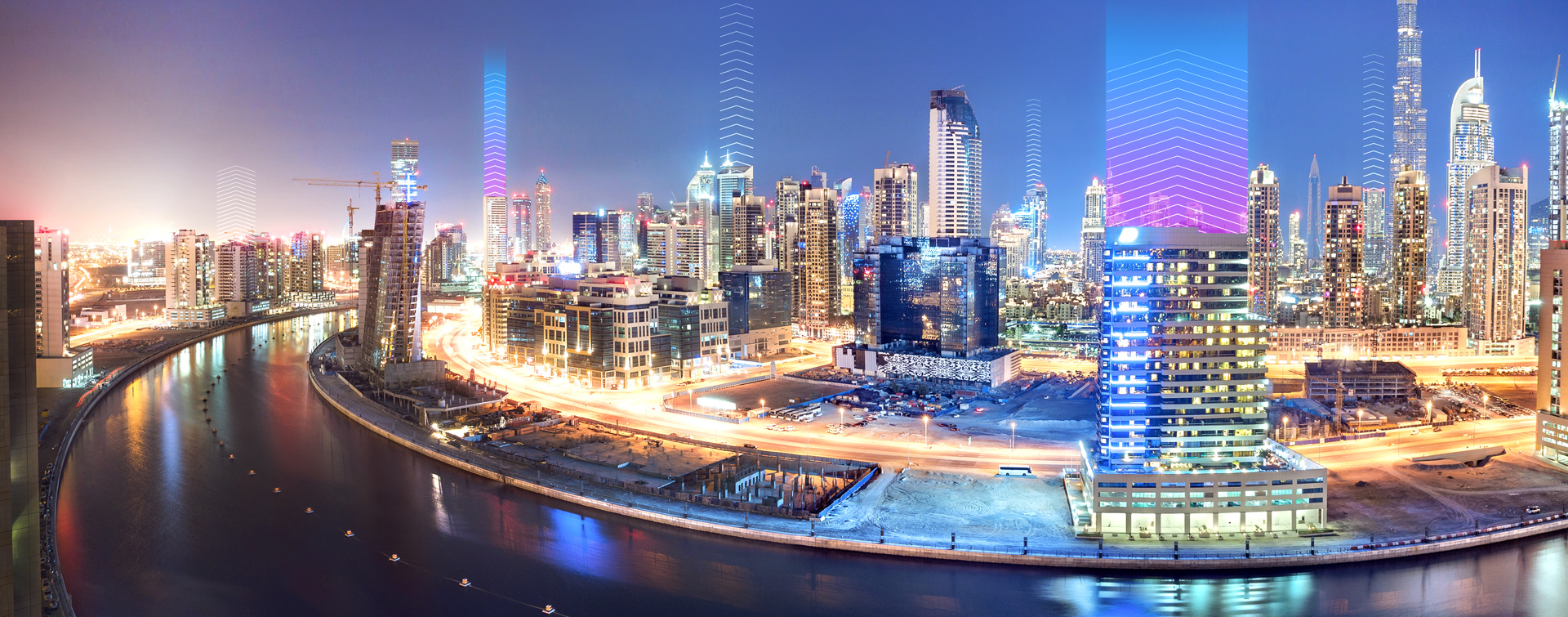 Photo of a busy cityscape at night