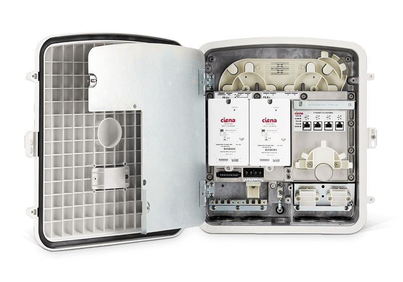 Access door of a Ciena PRX 3931 networking device opened, revealing internal components.